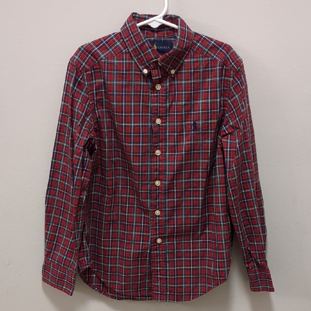 Ralph Lauren Boys Red Navy Blue Plaid Button Down Shirt - Size Small 8